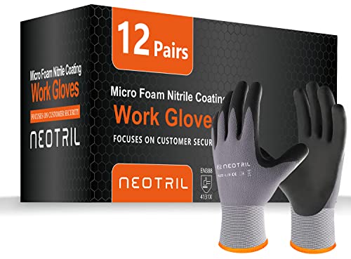 Neotril Safety Work Gloves Microfoam Nitrile Coated-12 Pairs, Seamless Knit Nylon Bulk Pack Working Gloves With Grip For Men Women Light Duty Work,Automotive,Warehouse (Gray,L) #TOP8
