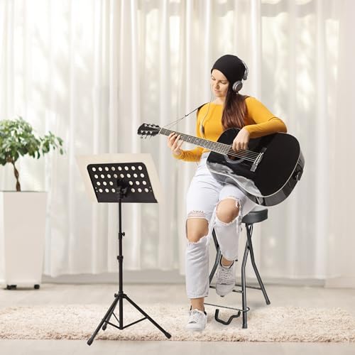 Image of Pyle Adjustable Guitar Seat with Built-in Stand, EVA Foam Padded Cradles, Removable Backrest, Non-Slip Rubber Feet, Collapsible Design - Fits Acoustic, Electric & Bass Guitars - 300 lbs Capacity.