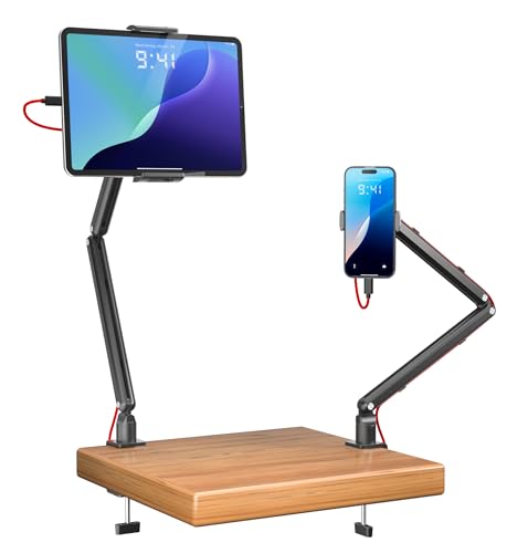 KUUVAN Tablet Arm Stand for Desk, Portable Monitor Stand Holder 15.6'',17.3'', Aluminum Alloy Foldable Arm Mount with 360° Rotating Desk Mount Compatible with 4.7-17.3inch Tablet, Cell Phone (Black)