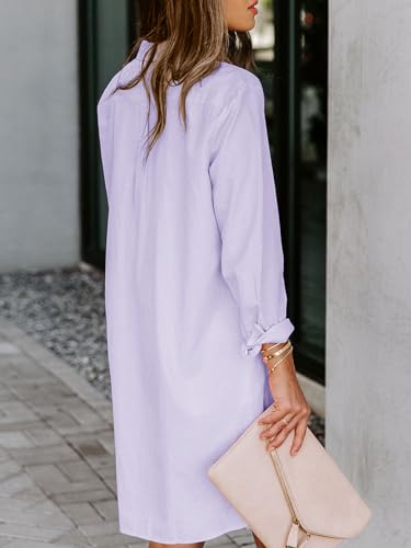 Image of Aoudery Womens Button Down Shirt Dresses with Pockets Cotton Button Up Tunics Long Sleeve Solid High Low Blouse Tops