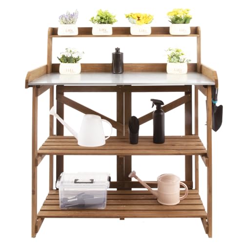 Folding Potting Bench Table,Outdoor Potting Bench Garden Wooden Potting Table,Fir Wood Workstation Planting Table with Galvanized Tabletop,2 Tier Stor