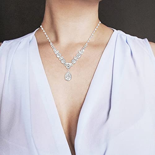 Cocide Bride Jewelry Set Silver Crystal Wedding Necklace Earrings Bridal Rhinestone Teardrop Pendant Accessories For Women And Bridesmaids (3 Piece Set - 2 Earrings And 1 Necklace) #TOP7