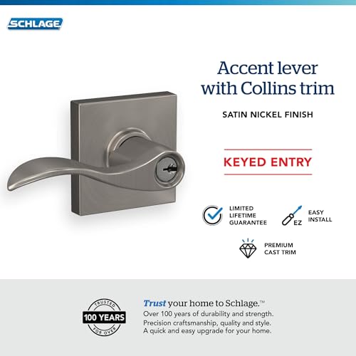 Image of SCHLAGE Accent Lever with Collins Trim Keyed Entry Lock in Satin Nickel - F51A ACC 619 COL