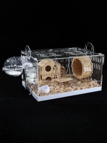 VesVas ハムスターケージ アクリル製 脱走防止 3段積み重ね可能 トレー付き お掃除簡単 通気性良好 組み立て式 小動物用 ジャンガリアン チンチラ リス モルモット対応 給水器付き(単層特大(40×30×21) モデル1)