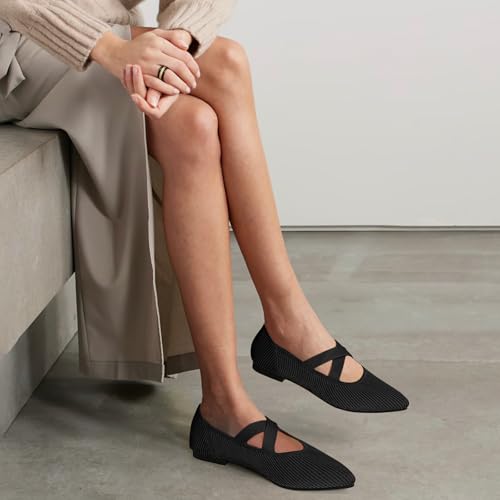 Image of TINGRISE Womens Mary Jane Flats Knit Ballet Flats for Women Pointed Toe Dressy Comfortable Slip-On Flats Shoes for Work Casual