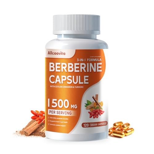 Allcoovita Berberine Supplement - Berberine 1500mg Per Serving,120 Capsules - Berberine HCI - Berberine Plus - Plus Pure True Ceylon Cinnamon, Berberine HCI Root Supplements Pills