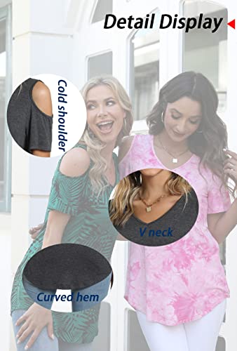 Cathy Women's V Neck Tunic Top Cold Shoulder T-Shirt Short Sleeve Casual Tee Blouse For Leggings, M, White Lily #TOP5