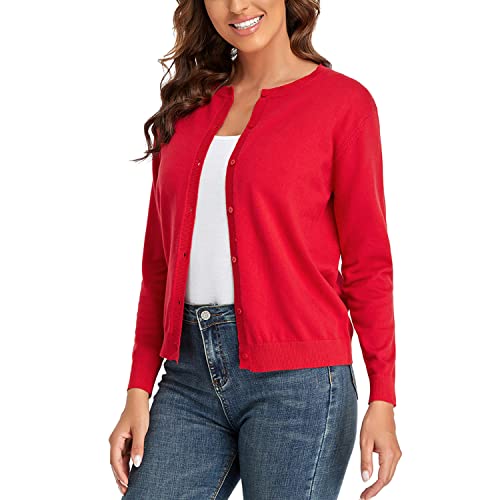 CUNYI Women’s Cardigan Long Sleeve Sweater Lightweight Classic Crew Neck Ladies Coat with Buttons Casual Open Front Elegant Outerwear, Red L