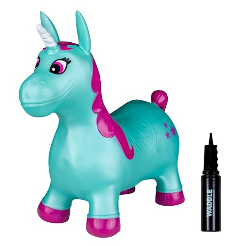 WADDLE Bouncy Hopper Inflatable Hopping Animal, Indoors and Outdoors Toy for Toddlers and Kids, Pump Included, Boys and Girls Ages 2 Years and U (Aqua Pink Unicorn)
