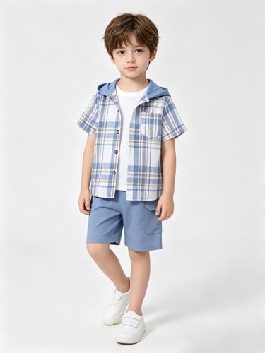 Image of Boys 2 Pieces Clothing Shorts Set Short Sleeve Plaid Button Down Shirt and Cargo Shorts Set 4-12Y