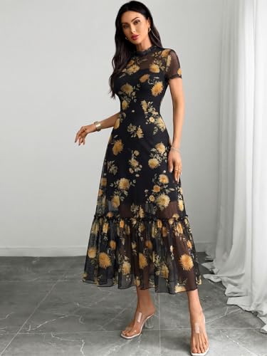 Image of GothDark Women's Summer Floral Mesh Ruffle Dress Short Sleeve Round Neck Waist Cinched Casual Maxi Wedding Guest Dresses