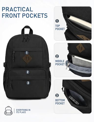 Image of Kasqo School Backpack, 20L Dual Compartment Bookbag for Boys Teens, Black | 20L, Machine Washable, Water-Resistant, Fit 15.6 Inch Laptop, Dual Main Compartment, 8 Pockets, Side Compression Buckles