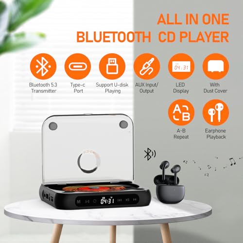 Portable CD Player with Bluetooth CD Player for Home, Rechargeable Small CD Player with Headphones, LCD Touch Screen, Anti Skip CD Players, Black, Gift - Thumbnail 2