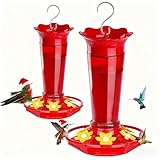 Gbekery 10 OZ Glass Hummingbird Feeders for Outdoors Hanging - Red 2 Pack, Ant & Bee Proof and 6 Feeding Ports, Garden Yard Décor Gifts for Mom