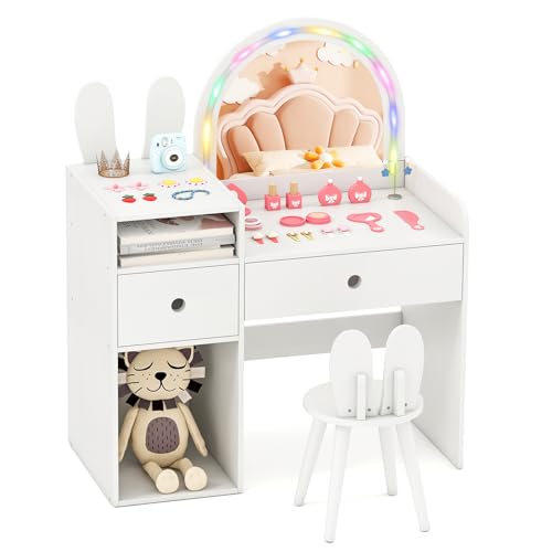 Costzon Kids Vanity Set with Mirror, Lights & Stool (White)