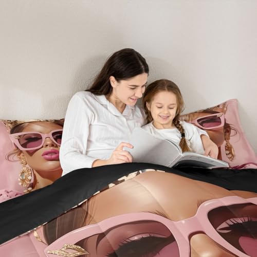 Image of Erosebridal Pink Black Girls King Comforter Set Luxury African American Bedding Set for Girls Women Modern Fashion Woman Room Decor Afro Black Woman Duvet Insert (1 Comforter, 2 Pillowcases)