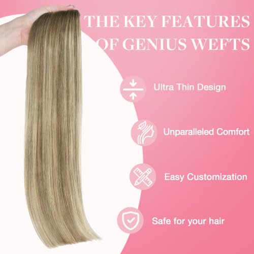 Image of GOO GOO Genius Weft Hair Extensions Human Hair, Sew In Extensions Rooted Remy Weft, #8E /61 /8E Caramel Latte Mocha with Ash Blonde Highlights 24 Inch 60g, Natural Hand Tied Straight Silky