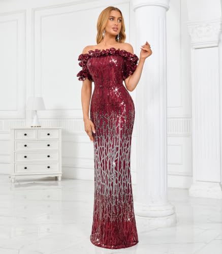 Image of dasmzper Women Sexy Sequin Off Shoulder Ruffle Short Sleeve Bodycon Mermaid Party Formal Evening Maxi Dress