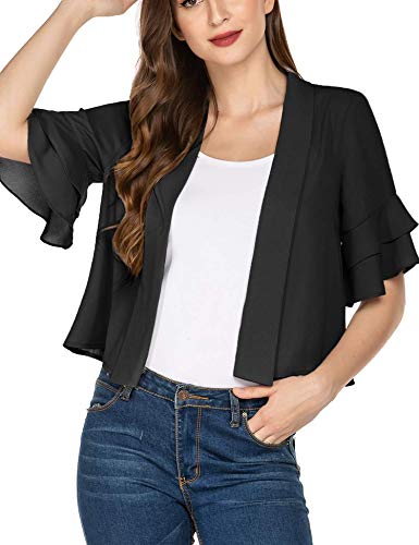 Summer Oversized Chiffon Open Front Sheer Ruched Bolero Shrug Cardigan for Women Black L