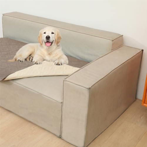 LPMOERA Waterproof Reversible Couch Sofa Cover Blanket for Dogs Washable Furniture Protector Slipcover for Kids Kahki 30 * 30 Inch(Pack of 2)