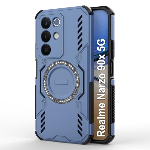 Image of amazon basics Back Case Cover for Realme Narzo 90x 5G | Magnetic Case with Built-in Metal Ring | Supports MagSafe Charger, Wallet & Car Mount | Shockproof Hybrid PC + TPU | Blue