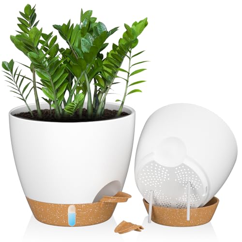 ZMTECH 30 cm Große Blumentöpfe mit Untersetzer, Selbstbewässernde Kunststoff Übertöpfe, Pflanzkübel mit Wasserstand für Innen/Außen (2er-Set, Weiß)