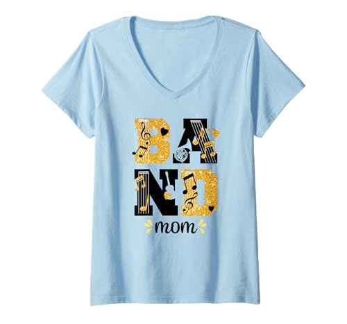 Womens Proud Band Mom Musical Marching Band Mom Yellow and Black V-Neck T-Shirt