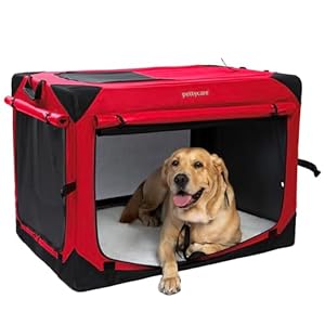 Pettycare 36 Inch Collapsible Dog Crate with Curtains, Travel Dog Crate for Airflow and Calm, Soft Pet Dog Kennel with Portable Bag and More Chew Proof Mesh, Indoor & Outdoor, Red+4 Door Curtains