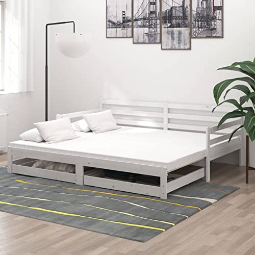 Hogotin Tagesbett Ausziehbar 90x200 cm Ausziehbett Holz Holzbett Schlafsofa Ausziehbar Bettsofa Gästebett Bettgestell Ausziehbares Bett Jugendbett mit Schublade Weiß Cover