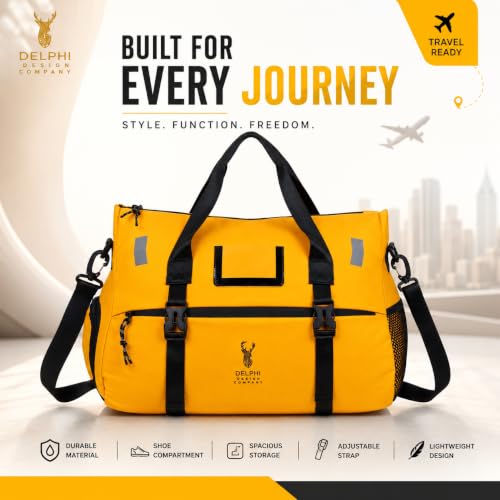Image of Delphi Design Waterproof Gym & Travel Duffel Bag for Men & Women | Multi-Compartment Weekender Bag with Shoe Compartment, Dry-Wet Separation & Yoga Mat Holder | Spacious Sports & Travel Bag | Yellow