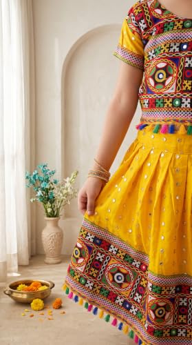 Image of AHHAAAA Girls Lehenga Choli with Dupatta, Kids Embroidered Chaniya Choli Set for Navratri Garba Dandiya Wedding Party Ethnic Outfit Y0045