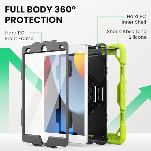 Coque pour iPad 9ème génération avec support rotatif et bandoulière verte