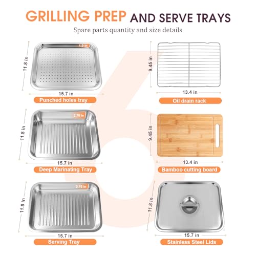 6-in-1 Grilling Prep and Serve Trays Set, 15.7" Stainless Steel Grill Carry System with Lid, Punched Tray, Draining Rack and Bamboo Cutting Board, BBQ Meat Marinade Container, Grilling Gifts for Men by TIMARINNOV - Image 2
