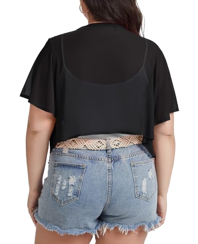 Image of Women Crop Cardigan Sheer Mesh Bolero Shrugs for Dresses Plus Size Tie Front Cardigans Ruffled Short Sleeve Tops