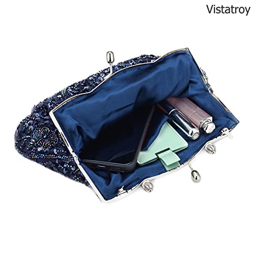 Vistatroy Floral Designer Evening Bag Beaded Sequin Design Vintage Kissing Lock Satin Clutch Purse Bag Wedding Party Clutch (Blue) #TOP3