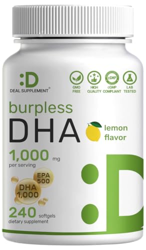 DHA Supplements | 240 Softgels Burpless Lemon Flavor DHA 1000mg + EPA 500mg Wild Caught Fish Rich in Omega-3s Mercury Free Non-GMO Support Brain Heart & Joint Health