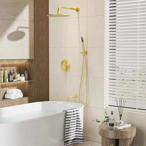Image of Gabrylly Brushed Gold Bathtub Shower Faucet Set with Tub Spout, 10 Inch Wall Mounted High Pressure Rainfall Shower Head with Handheld Combo, 3-Way Diverter Valve Complete Bathroom Shower Fixtures