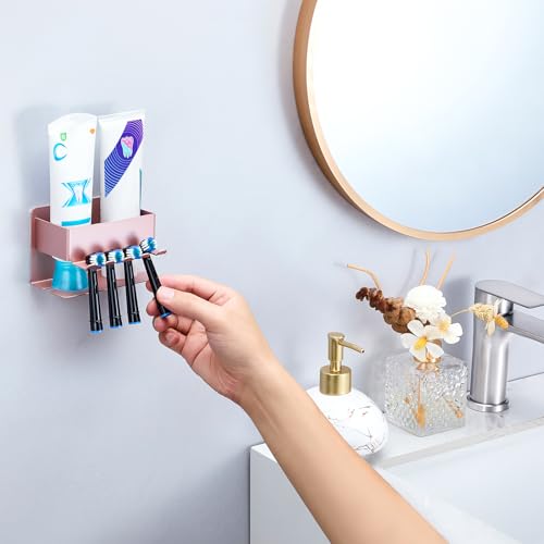 Image of Toothbrush Head Holders, Electric Tooth Brush Head Holder, Adhesive Toothpaste Holder for Shower Bathrooms, Wall Mounted Tooth Brushing Holder Organizer Storage (Rose Gold, Small)
