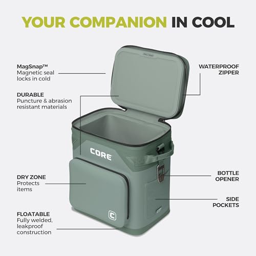 Image of CORE Magnetic Leak Proof Soft Cooler with Waterproof Zipper | Insulated Bag Portable Ice Chest Box | Best Soft Cooler for Food & Beverages for Tailgating, Car Camping, Travel, and Family Beach Picnics