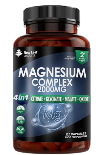 Magnesium Glycinate 4-in-1 Complex 2000mg - High Strength Magnesium Capsules, Magnesium Citrate, Bisglycinate, Malate, Oxide Supplements - Magnesium Supplements, 120 Capsules Vegan UK Made By New Leaf
