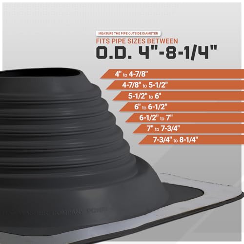 Image of Fasteners Plus #5 Square EPDM Metal Roof Pipe Flashing Boot | with Complete Install Kit (Fits 4 inch - 8-1 /4 inch Pipe OD), Black