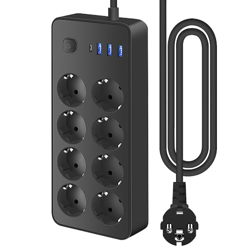 Lotvic Multiprise Electrique avec 1,8M Cordon, Multiprise 8 Prises avec Interrupteur, Multiprises Parafoudre avec 1 Port USB C,3 Port USB A (5V 2A), pour Maison Burea Noir
