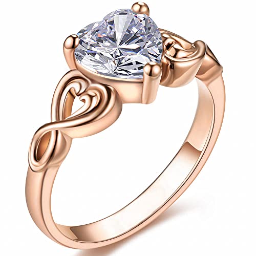 GTISKL 14K Gold Heart Cubic Zirconia Engagement Promise Eternity Valentine's Day Ring for Women Gifts (A-Rose gold, 7)