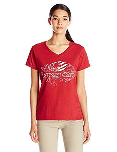 Mossy Oak Women's Short Sleeve V-Neck Front Graphic Tee, Independence Red, Medium