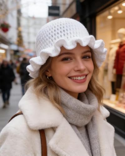 Image of Women Crochet Bucket Hat Cute Winter Ruffled Brim Floppy Cap Handmade Knit Cloche Hats