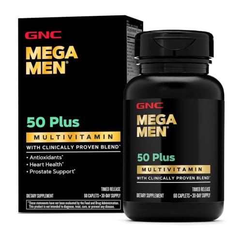 GNC Mega Men 50 Plus Multivitamin Caplets for Men Clinically Proven Heart & Prostate Health B Vitamins Saw Palmetto Memory Vitamin D-3 60 Count
