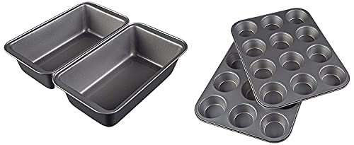 MAFAHH Cake Making Combo of Bread Loaf Pan and 12 Slot Muffins Tray | Set of 2 | for Muffins, Cupcake, Jelly, Cake | Bakeware Tool | Microwave or Oven Tray Safe | Cake Making Supplies – Black