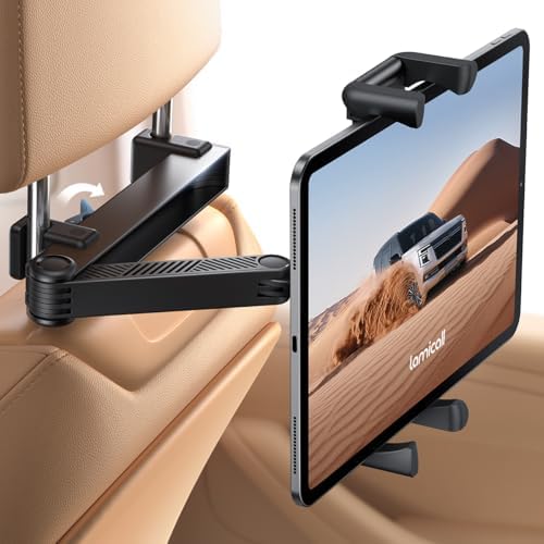 Lamicall Tablet Halterung Auto Kopfstütze, Tablethalterungen Auto | [Sicherheitsschloss & Doppelt Faltbares Design] Ausziehbare Alu-Arm KFZ Tablet Autohalterung für iPad, Kindle 6,