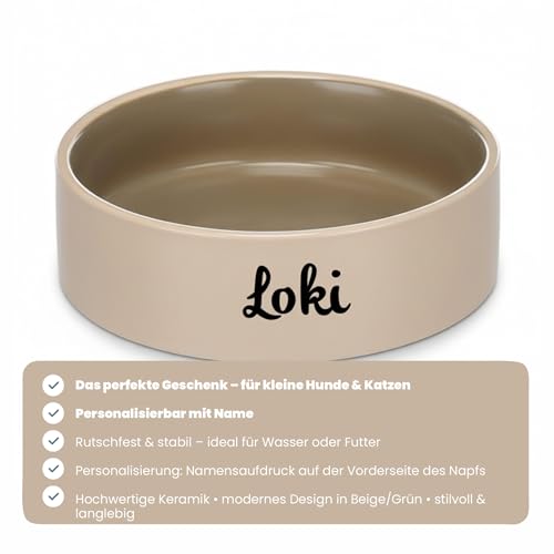 Personalisierter Keramik-Hundenapf ANCA 200 ml (S) Beige/Grün – rutschfest, leicht & hygienisch – Futter- & Wassernapf – für kleine Hunde & Katzen – personalisiert mit Namen – Petslino