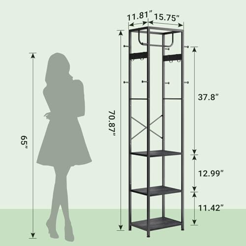 ELYKEN Coat Rack Freestanding, Hall Tree with 3 Storage Shelves and 12 Hooks, Metal Clothes Rack Stand Organizer for Bedroom, Hallway, Entryway, Office, Living Room, Black by ELYKEN - Image 3